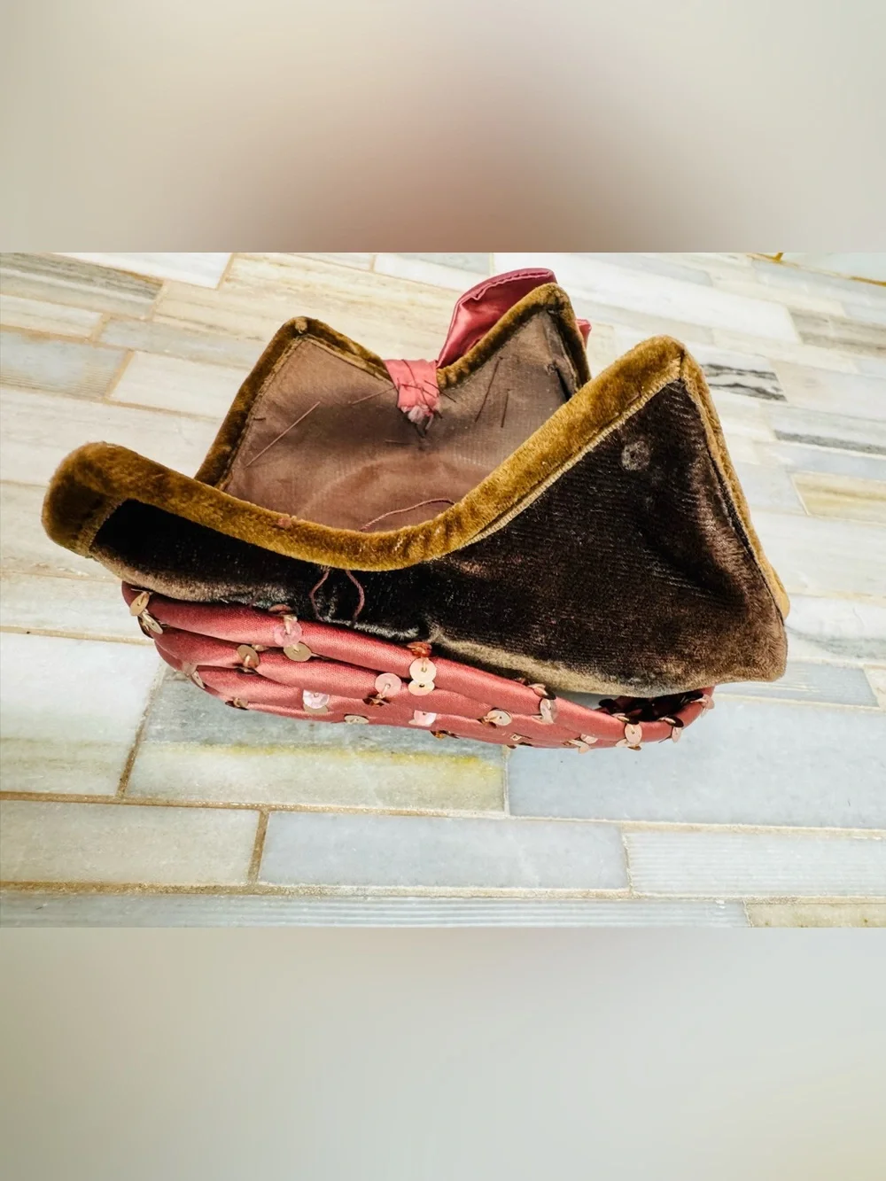 Vintage Brown Velvet Pillbox Hat Pink Satin Bow Sequin Trim Women’s Unbranded